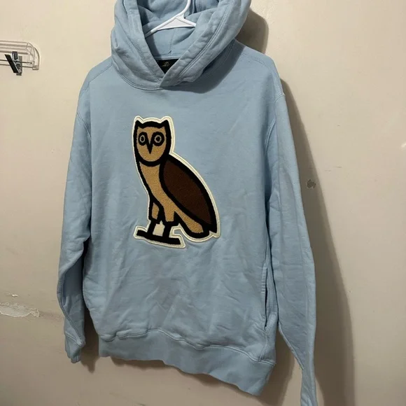 October’s Very Own OVO Chenille Bubble Owl Hooded Sweatshirt Men’s Medium Blue